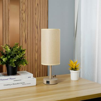 Brilagi - Bordlampe med USB-port TABLON 1xE27/25W/230V beige