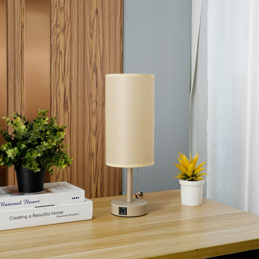 Brilagi - Bordlampe med USB-port TABLON 1xE27/25W/230V beige