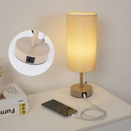 Brilagi - Bordlampe med USB-port TABLON 1xE27/25W/230V beige