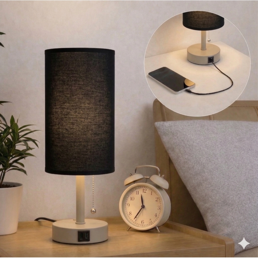 Brilagi - Bordlampe med USB-port TABLON 1xE27/25W/230V beige/sort