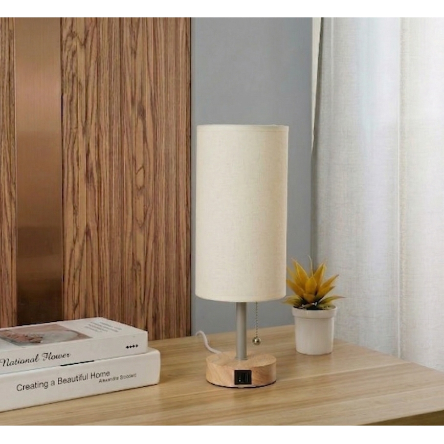 Brilagi - Bordlampe med USB-port TABLON 1xE27/25W/230V eg/beige/creme