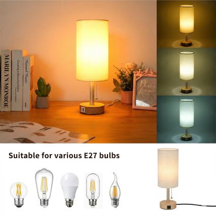 Brilagi - Bordlampe med USB-port TABLON 1xE27/25W/230V eg/beige/creme