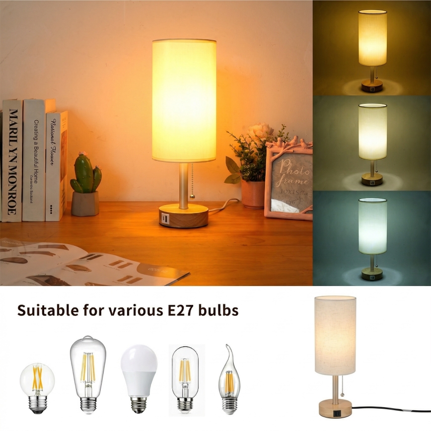 Brilagi - Bordlampe med USB-port TABLON 1xE27/25W/230V eg/beige/creme