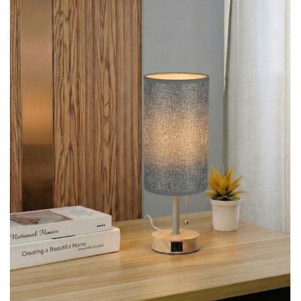 Brilagi - Bordlampe med USB-port TABLON 1xE27/25W/230V eg/beige/grå