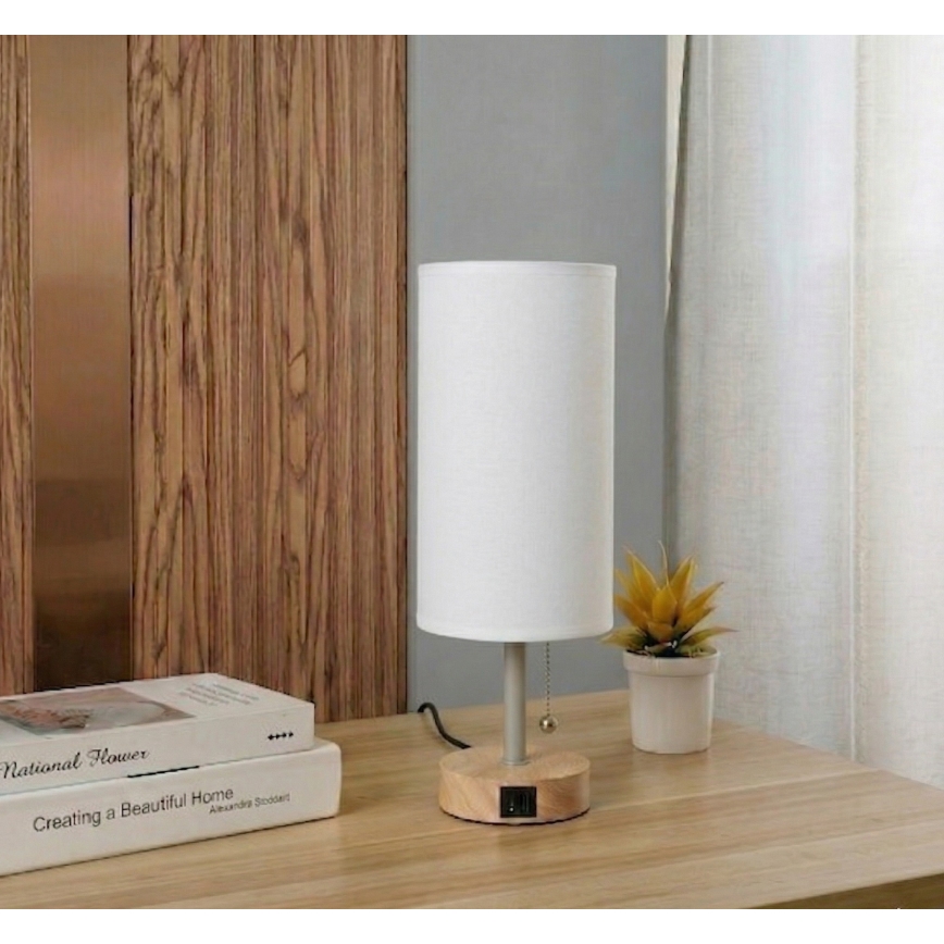 Brilagi - Bordlampe med USB-port TABLON 1xE27/25W/230V eg/beige/hvid