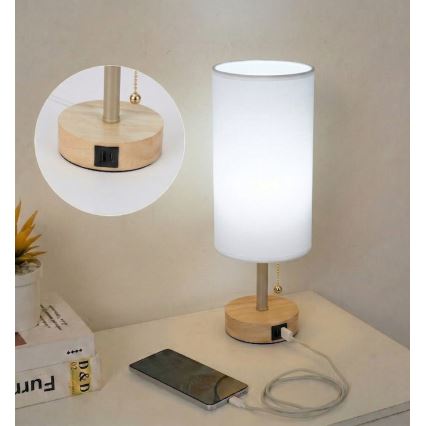 Brilagi - Bordlampe med USB-port TABLON 1xE27/25W/230V eg/beige/hvid