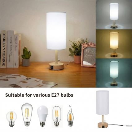 Brilagi - Bordlampe med USB-port TABLON 1xE27/25W/230V eg/beige/hvid