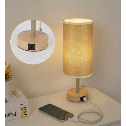 Brilagi - Bordlampe med USB-port TABLON 1xE27/25W/230V eg/beige