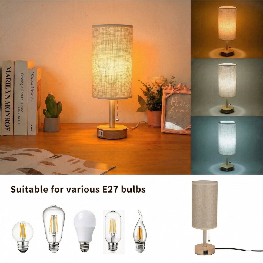 Brilagi - Bordlampe med USB-port TABLON 1xE27/25W/230V eg/beige