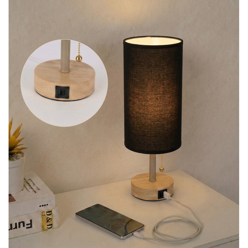 Brilagi - Bordlampe med USB-port TABLON 1xE27/25W/230V eg/beige/sort