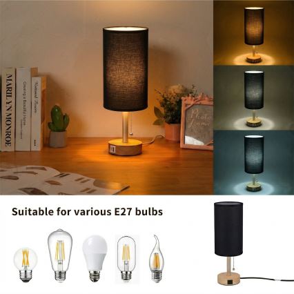 Brilagi - Bordlampe med USB-port TABLON 1xE27/25W/230V eg/beige/sort