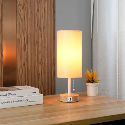 Brilagi - Bordlampe med USB-port TABLON 1xE27/25W/230V eg/hvid/beige