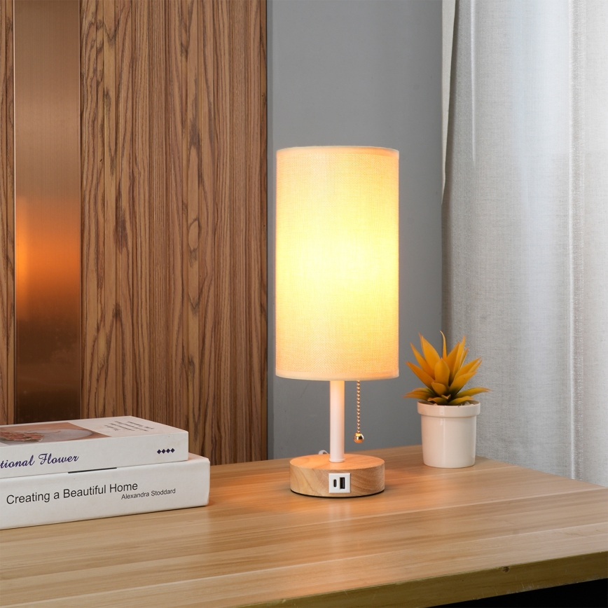 Brilagi - Bordlampe med USB-port TABLON 1xE27/25W/230V eg/hvid/beige