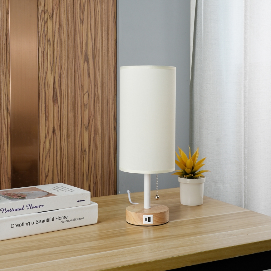 Brilagi - Bordlampe med USB-port TABLON 1xE27/25W/230V eg/hvid/creme