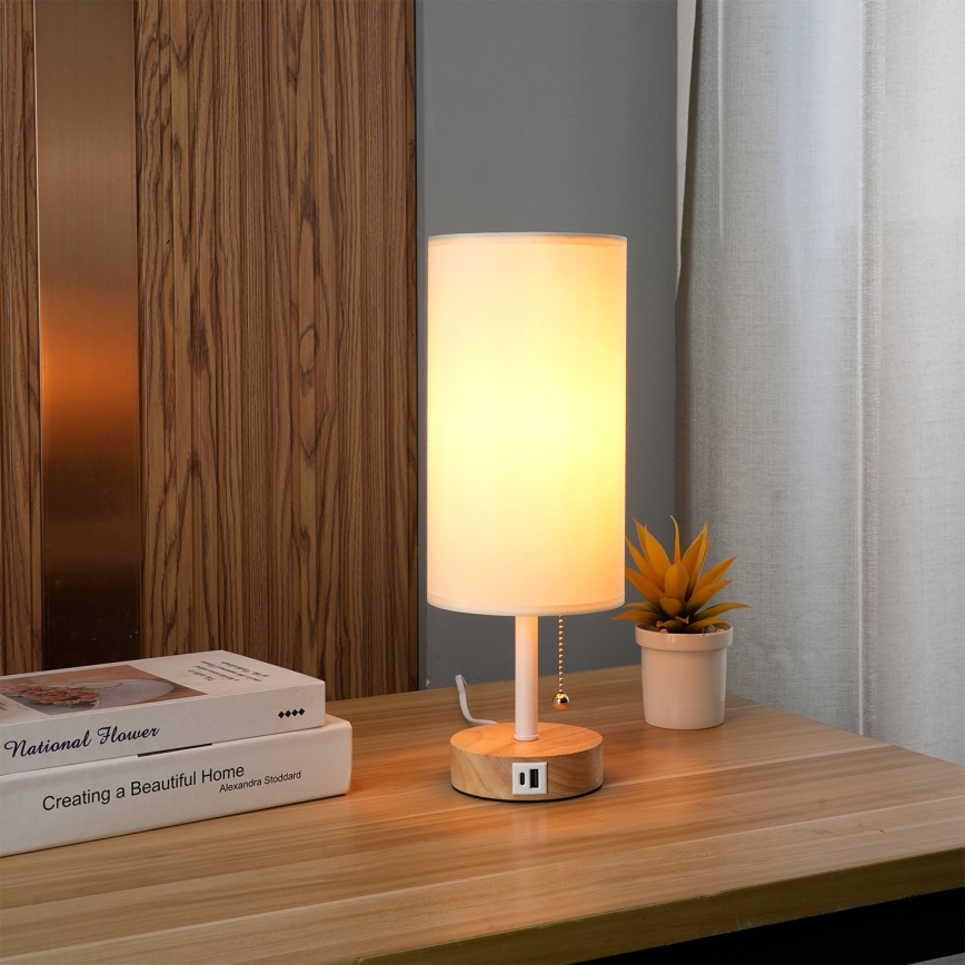 Brilagi - Bordlampe med USB-port TABLON 1xE27/25W/230V eg/hvid/creme