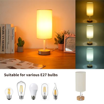 Brilagi - Bordlampe med USB-port TABLON 1xE27/25W/230V eg/hvid/creme