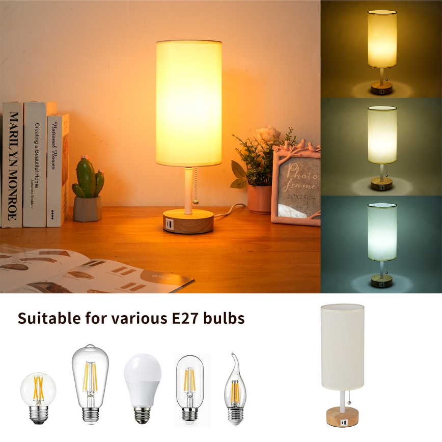 Brilagi - Bordlampe med USB-port TABLON 1xE27/25W/230V eg/hvid/creme