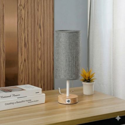 Brilagi - Bordlampe med USB-port TABLON 1xE27/25W/230V eg/hvid/grå