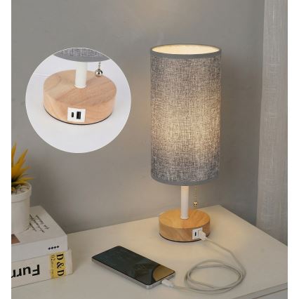 Brilagi - Bordlampe med USB-port TABLON 1xE27/25W/230V eg/hvid/grå