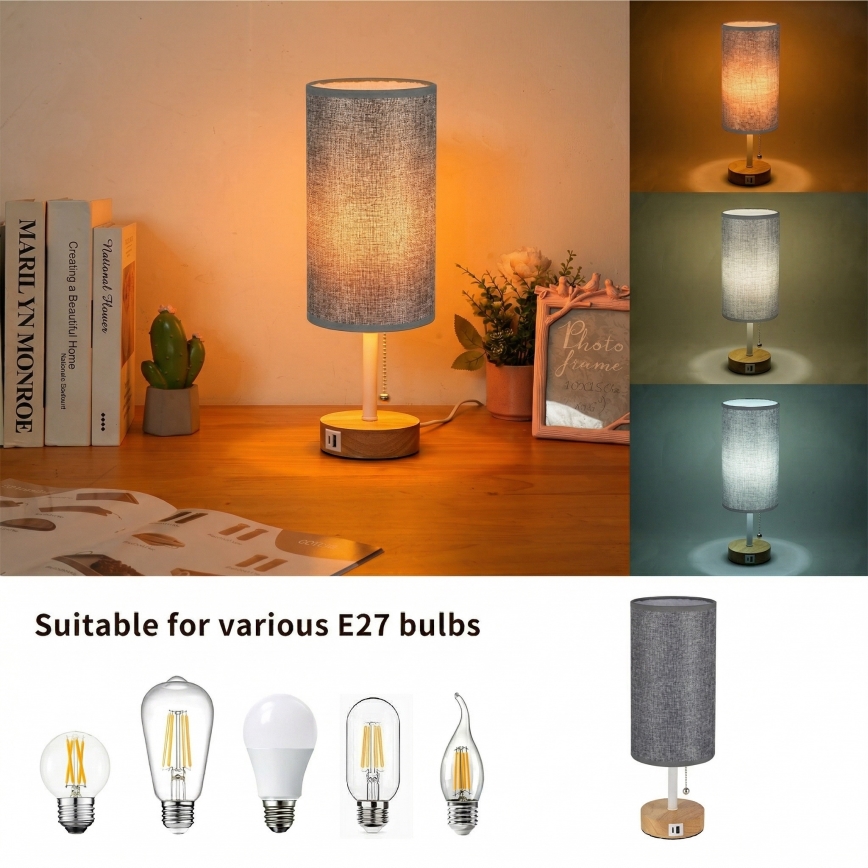 Brilagi - Bordlampe med USB-port TABLON 1xE27/25W/230V eg/hvid/grå