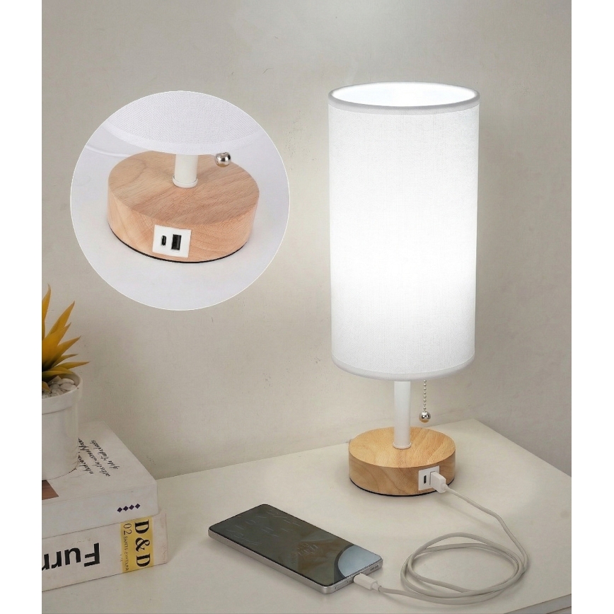 Brilagi - Bordlampe med USB-port TABLON 1xE27/25W/230V eg/hvid