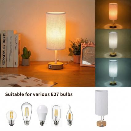 Brilagi - Bordlampe med USB-port TABLON 1xE27/25W/230V eg/hvid