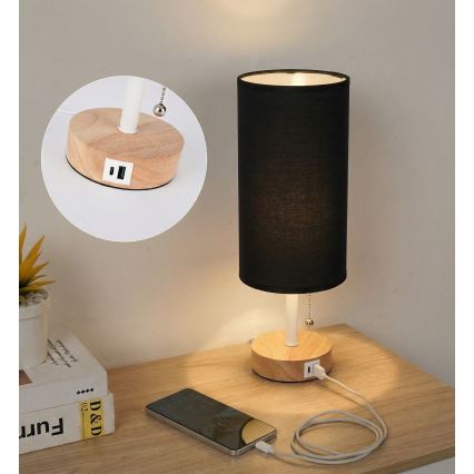Brilagi - Bordlampe med USB-port TABLON 1xE27/25W/230V eg/hvid/sort