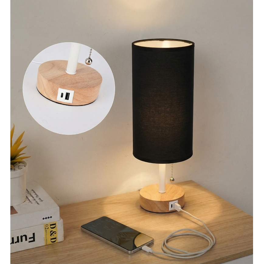 Brilagi - Bordlampe med USB-port TABLON 1xE27/25W/230V eg/hvid/sort