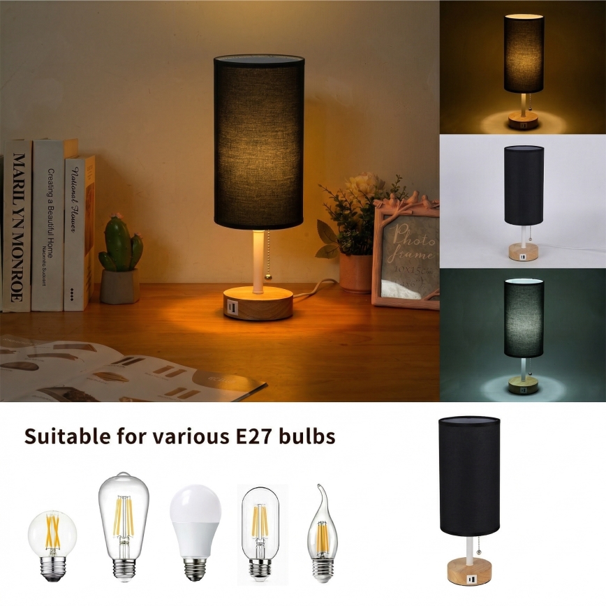 Brilagi - Bordlampe med USB-port TABLON 1xE27/25W/230V eg/hvid/sort
