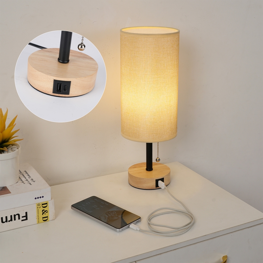 Brilagi - Bordlampe med USB-port TABLON 1xE27/25W/230V eg/sort/beige