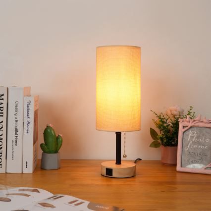 Brilagi - Bordlampe med USB-port TABLON 1xE27/25W/230V eg/sort/beige