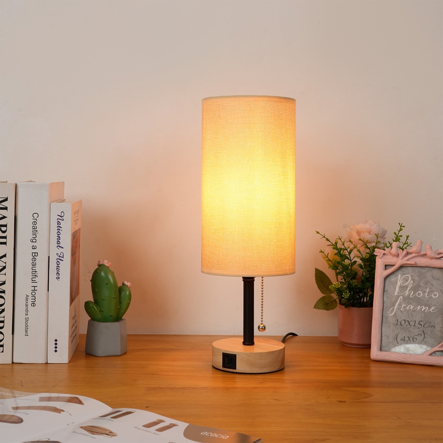 Brilagi - Bordlampe med USB-port TABLON 1xE27/25W/230V eg/sort/beige