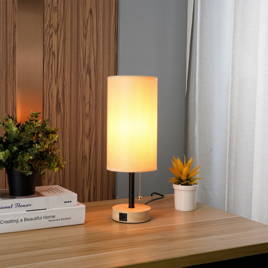 Brilagi - Bordlampe med USB-port TABLON 1xE27/25W/230V eg/sort/beige