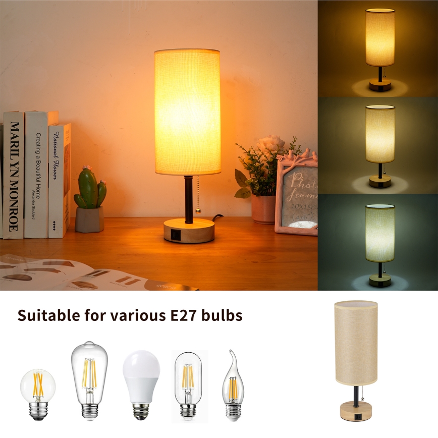 Brilagi - Bordlampe med USB-port TABLON 1xE27/25W/230V eg/sort/beige