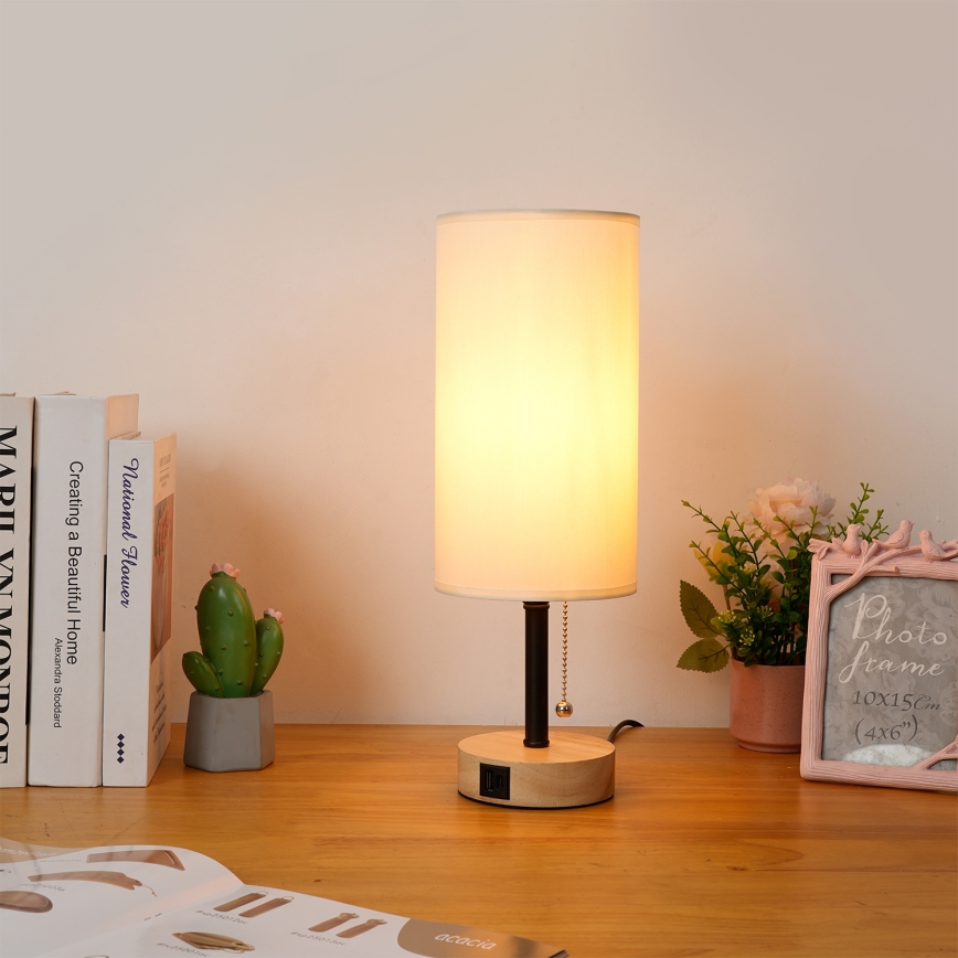 Brilagi - Bordlampe med USB-port TABLON 1xE27/25W/230V eg/sort/creme