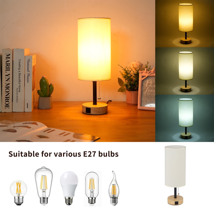 Brilagi - Bordlampe med USB-port TABLON 1xE27/25W/230V eg/sort/creme