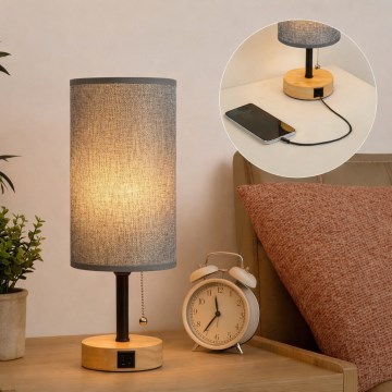 Brilagi - Bordlampe med USB-port TABLON 1xE27/25W/230V eg/sort/grå