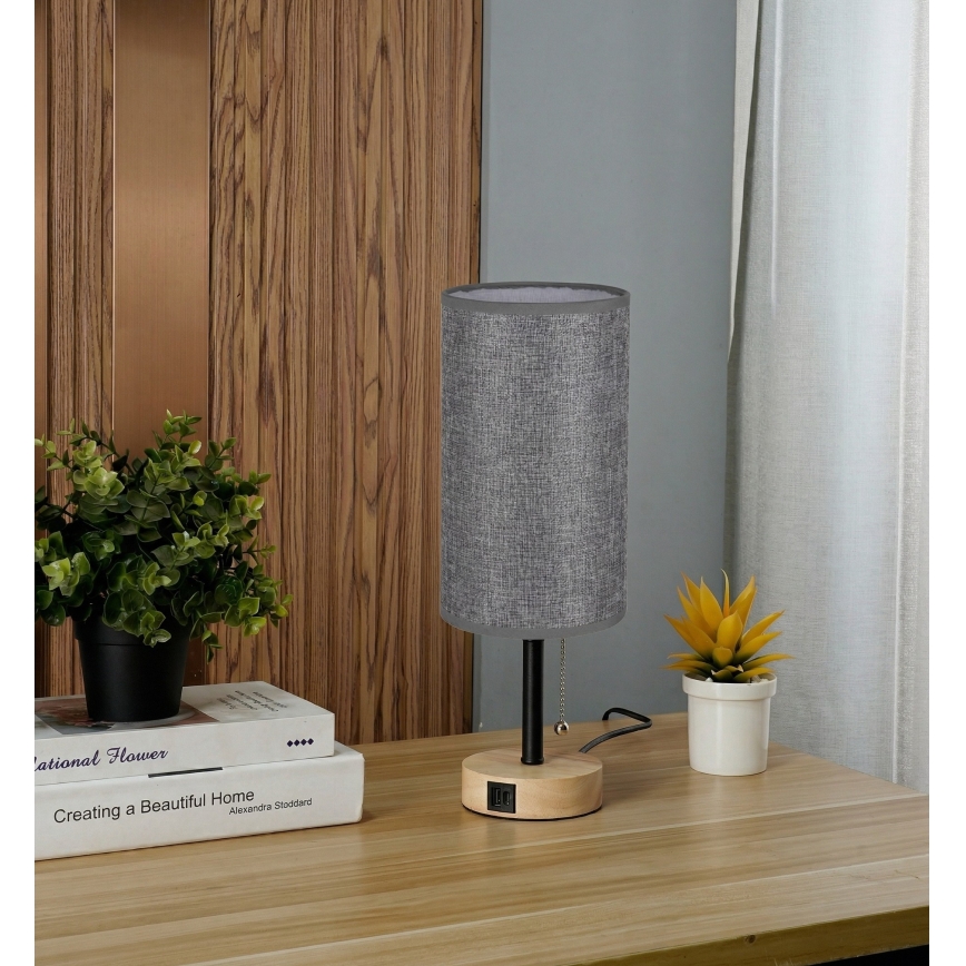 Brilagi - Bordlampe med USB-port TABLON 1xE27/25W/230V eg/sort/grå
