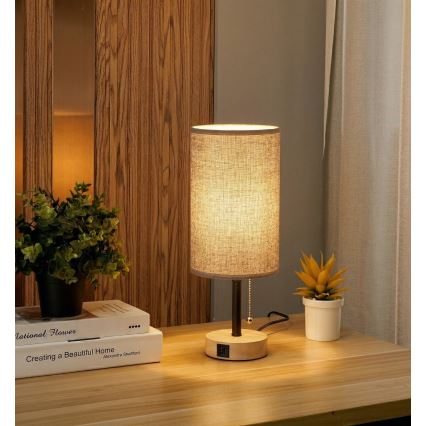 Brilagi - Bordlampe med USB-port TABLON 1xE27/25W/230V eg/sort/grå