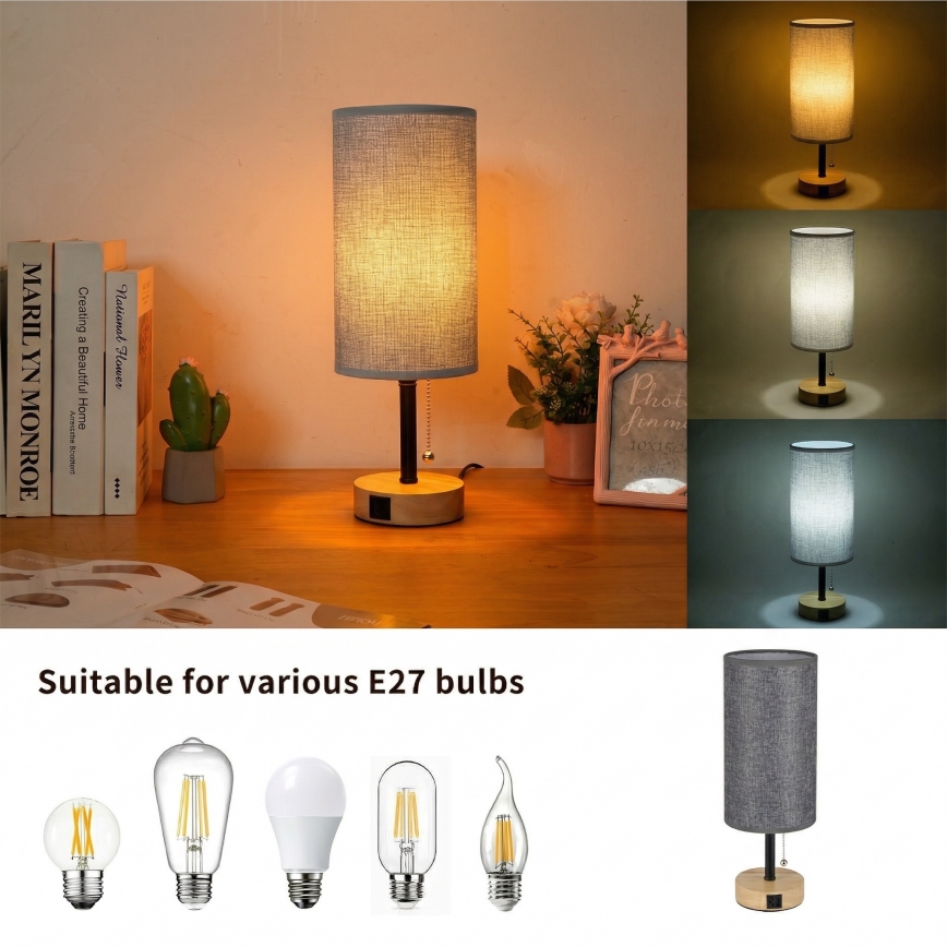 Brilagi - Bordlampe med USB-port TABLON 1xE27/25W/230V eg/sort/grå