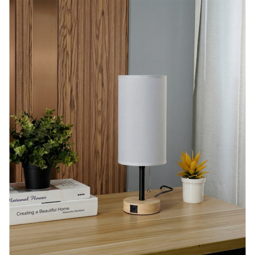 Brilagi - Bordlampe med USB-port TABLON 1xE27/25W/230V eg/sort/hvid