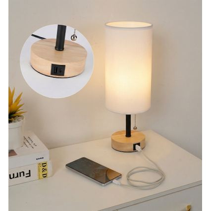 Brilagi - Bordlampe med USB-port TABLON 1xE27/25W/230V eg/sort/hvid