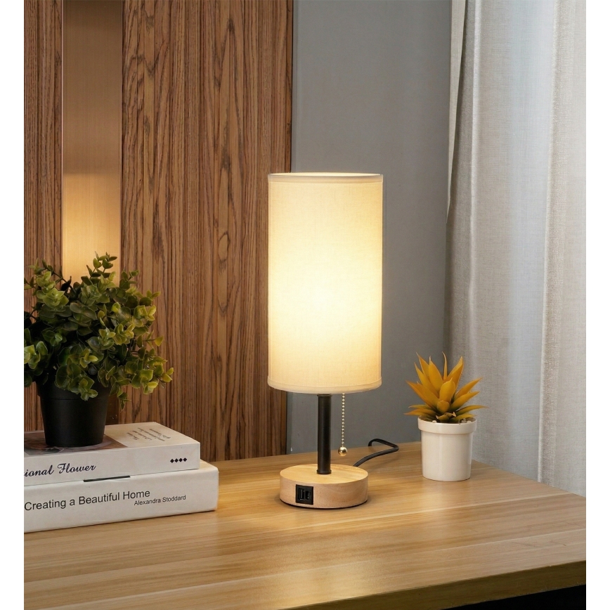 Brilagi - Bordlampe med USB-port TABLON 1xE27/25W/230V eg/sort/hvid