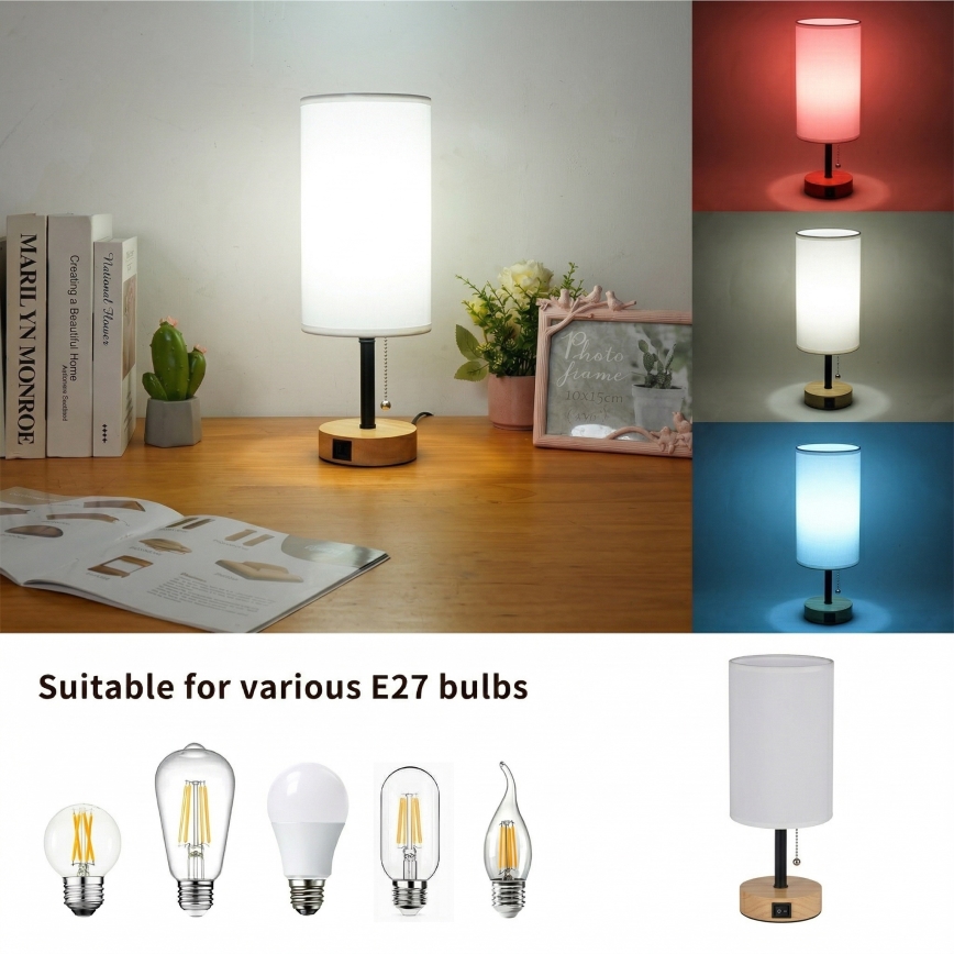 Brilagi - Bordlampe med USB-port TABLON 1xE27/25W/230V eg/sort/hvid