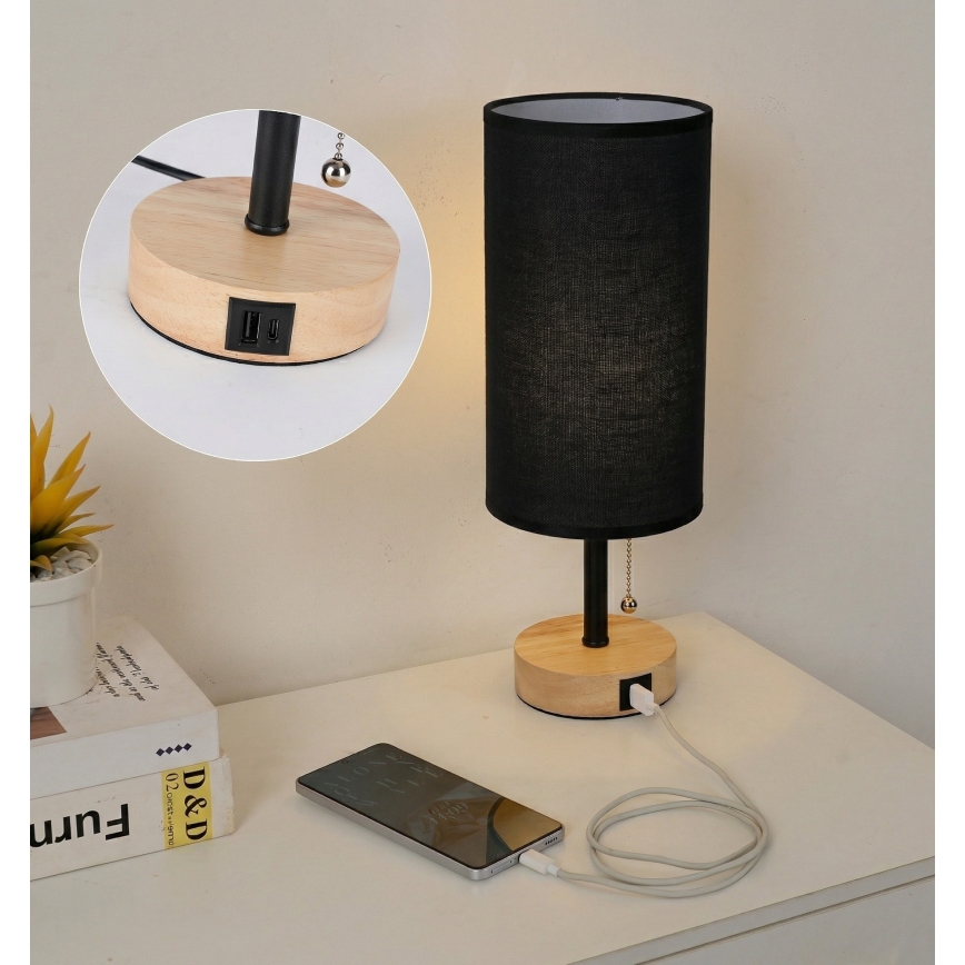 Brilagi - Bordlampe med USB-port TABLON 1xE27/25W/230V eg/sort