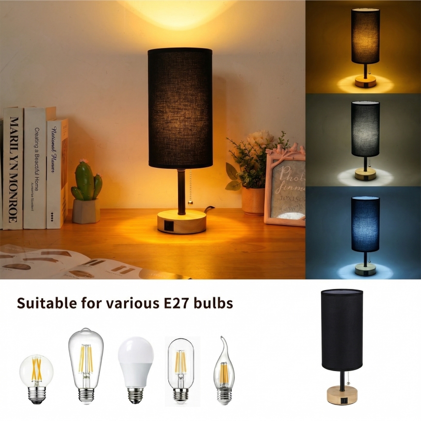 Brilagi - Bordlampe med USB-port TABLON 1xE27/25W/230V eg/sort