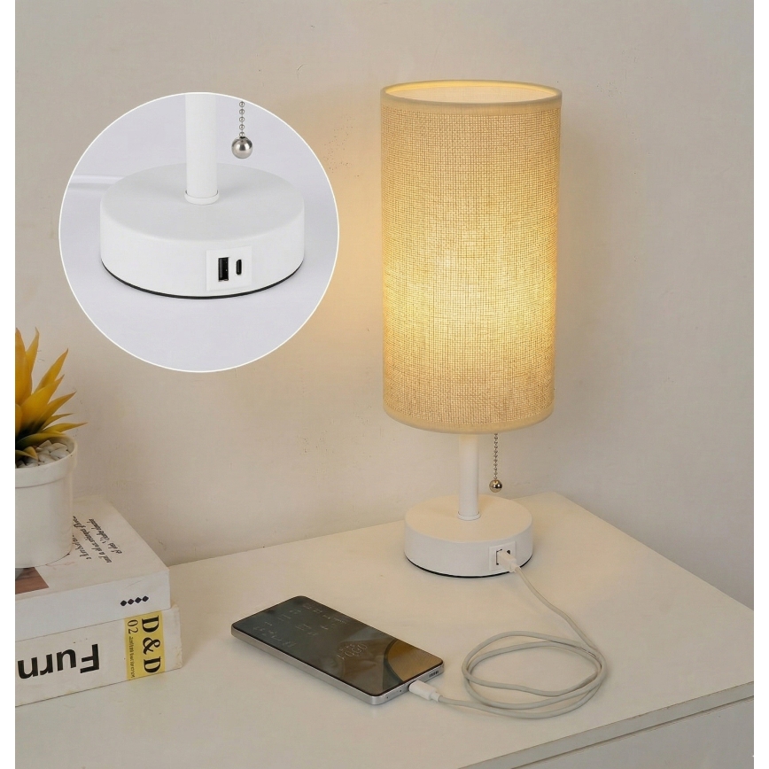 Brilagi - Bordlampe med USB-port TABLON 1xE27/25W/230V hvid/beige