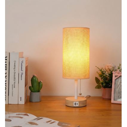 Brilagi - Bordlampe med USB-port TABLON 1xE27/25W/230V hvid/beige