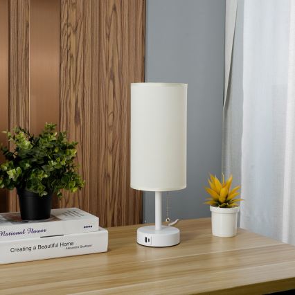 Brilagi - Bordlampe med USB-port TABLON 1xE27/25W/230V hvid/creme
