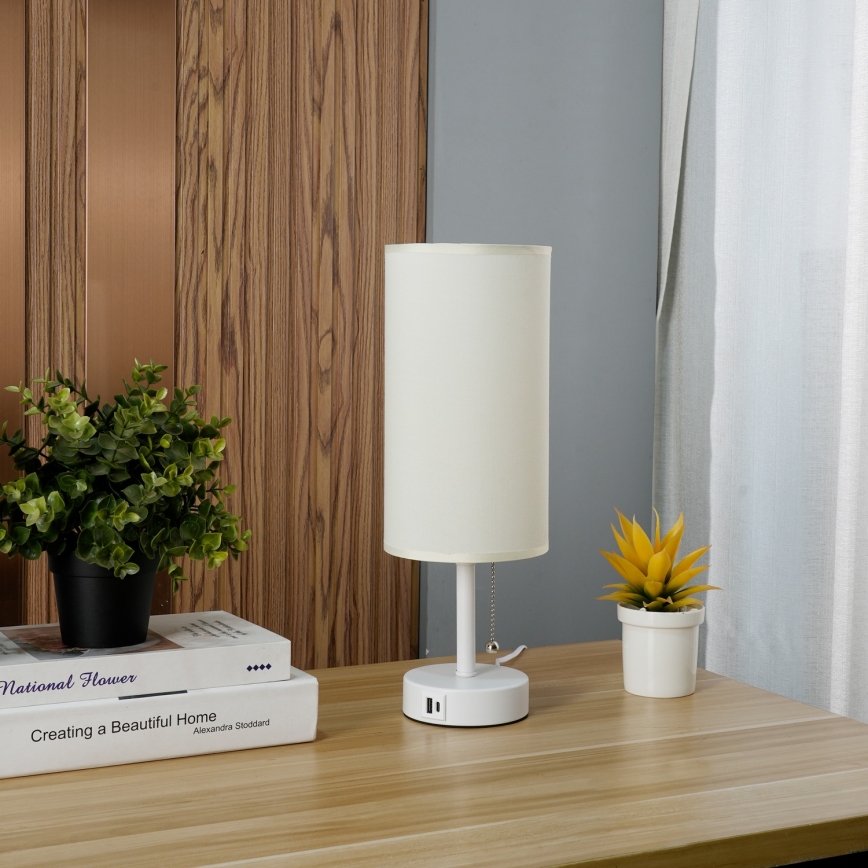 Brilagi - Bordlampe med USB-port TABLON 1xE27/25W/230V hvid/creme